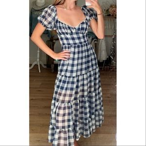 Blue & White Gingham Long Length Dress w/ Puff Sleeves